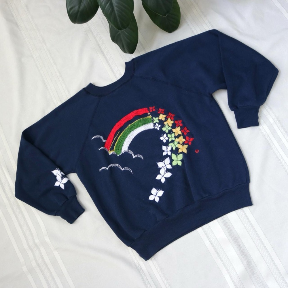 Vintage rainbow butterfly navy blue sweater
